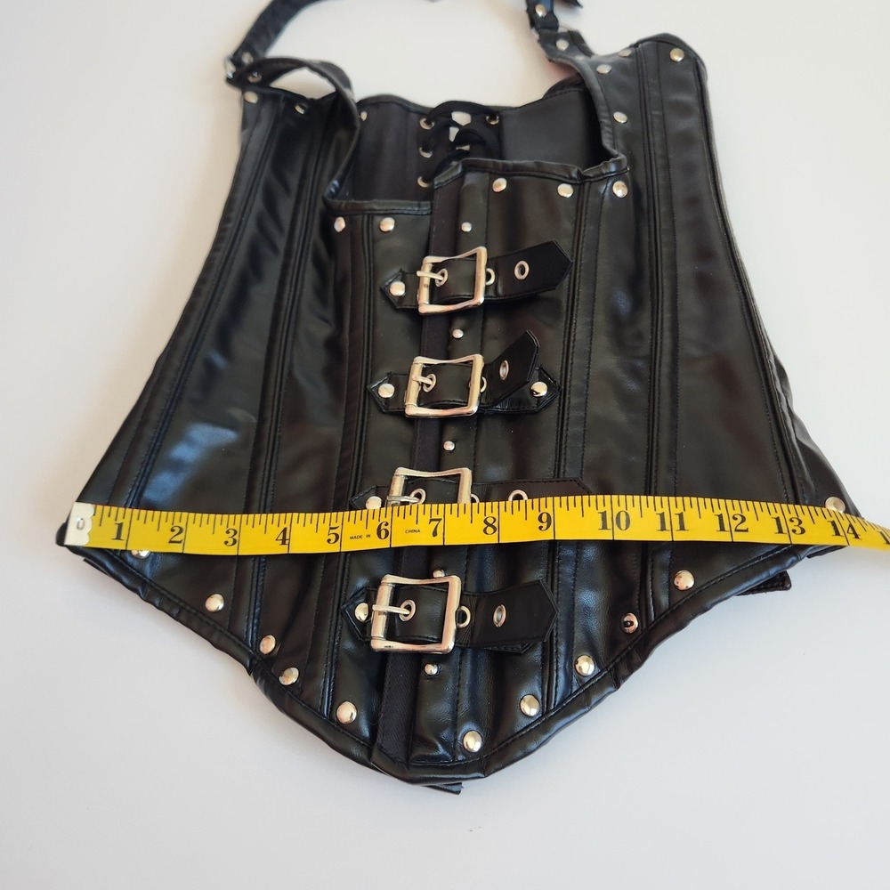 Whimsygoth Black Leather Halter Corset Top Buckle Front Lace Up Back size Medium - Picture 5 of 10